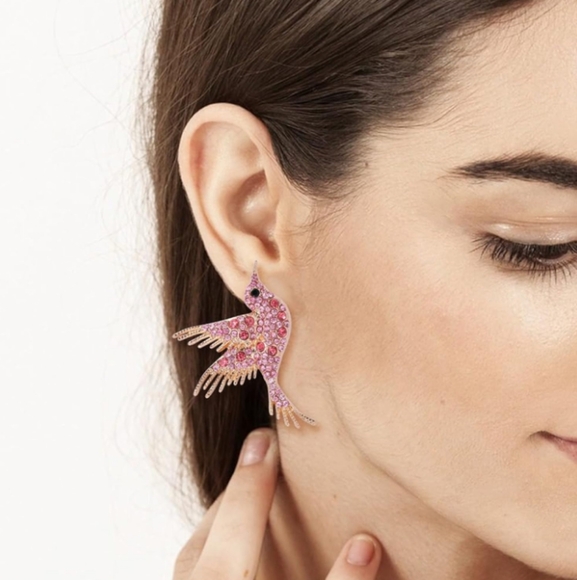 Pink Rhinestone Bird Earrings Hummingbird CZ Pave Crystal Gold Birds Post Style - Picture 2 of 10